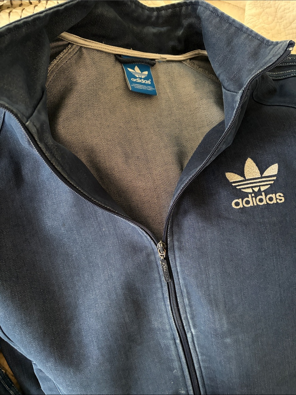 Denim Adidas jacket with two pockets in front has Adidas logo on front and back - Picture 5 of 5